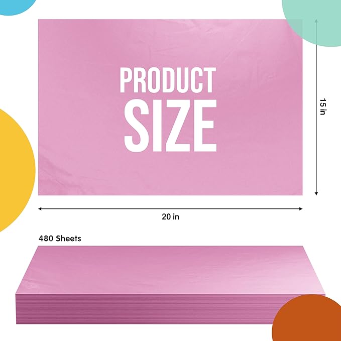 Party Solids Pink Tissue Paper for Gift Bags - 15" X 20" Bulk Tissue Paper Pink 480 Sheets - 10lb Newsprint for Packing, Birthday Gift Box Filler, Packing Supplies for Moving Supplies