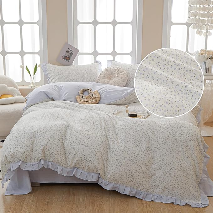 Blue Floral Comforter Set Full White Soft Ruffle Comforter Set Fluffy Cottagecore Floral Bedding Set for Girls Women Vintage Flowers Botanical Comforter with 2 Pillowcases for All Seasons Full Size