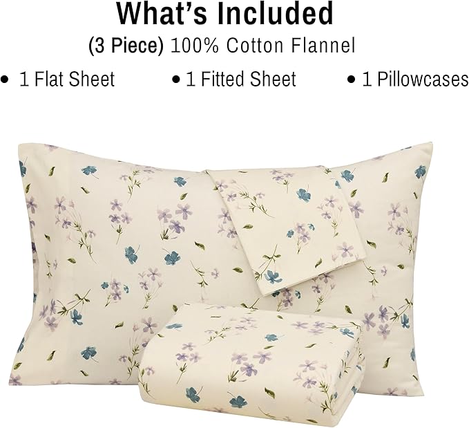 RUVANTI Flannel Sheets Twin XL Size - 100% Cotton Double Brushed Twin XL Sheet Sets, Deep Pockets 16 Inches, All Seasons Breathable & Extra Soft Bed Sheets, Warm & Cozy, 3 Piece, Jasmine Stamp Cream