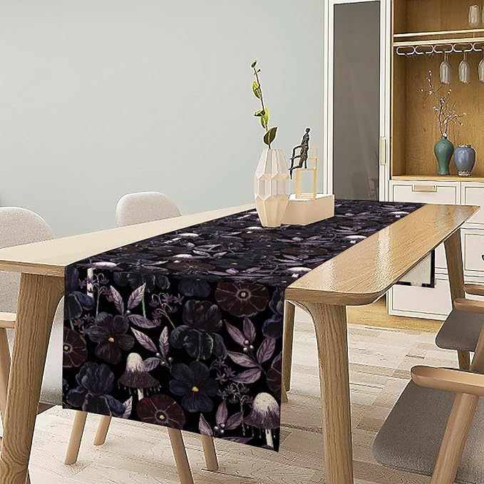 Gothic Floral Table Runner, Dark Purple Vintage Garden Flower Witchy Mushroom Farmhouse Coffee Table Center Decor for Home Kitchen Dining Patio Holiday Party Table Decorations 13x108 inches