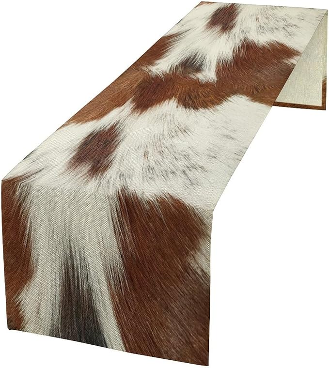 Cow Skin Print Table Runner, Rustic Country Farmhouse Animal Fur Skin Western Farm Dark Brown Cowhide Print Dinner Runner Table Decoration for Home Kitchen Dining 13x108in