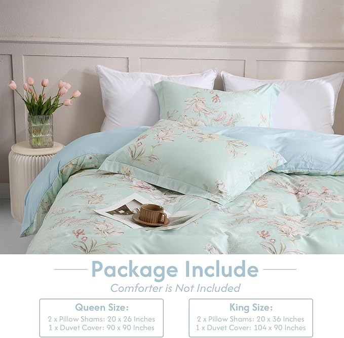 LONAVA King Flower 3 Pcs Duvet Cover Set, Breathable Soft Microfiber Light Blue Lining Comforter Cover with Zipper Closure, and 2 Anti-Pilling, Fade Resistant Pillowcases, Mint Flower