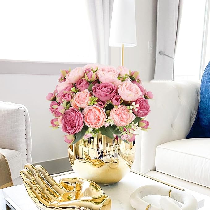 Artificial Peonies Silk Flowers, Pink Faux Peony Bouquet 4 Bundles Florals Arrangements Decor for Farmhouse Home Boho Wedding Table Centerpiece, Fake Plastic Flower Bulk for Vase Decoration (Mix Pink)