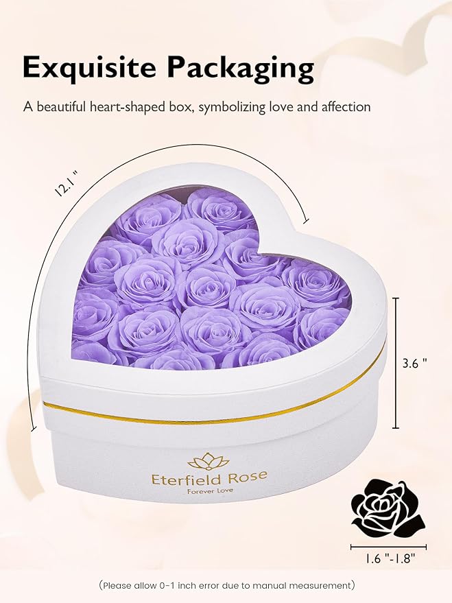 Eterfield 16 Forever Flowers in Heart Shape Box, Preserved Roses That Last a Year Preserved Flowers Birthday Gifts for Her Mom Women Wife Anniversary Valentines Day Mothers Day Christmas, Light Purple
