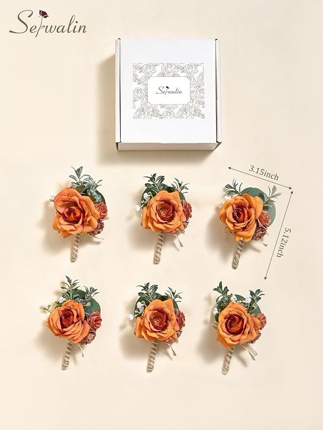 Serwalin 6PCS Orange Rose Boutonniere for Men Wedding Groom Groomsmen Best Man Boutonniere for Wedding Ceremony Anniversary Prom Flowers Formal Dinner Party, Orange