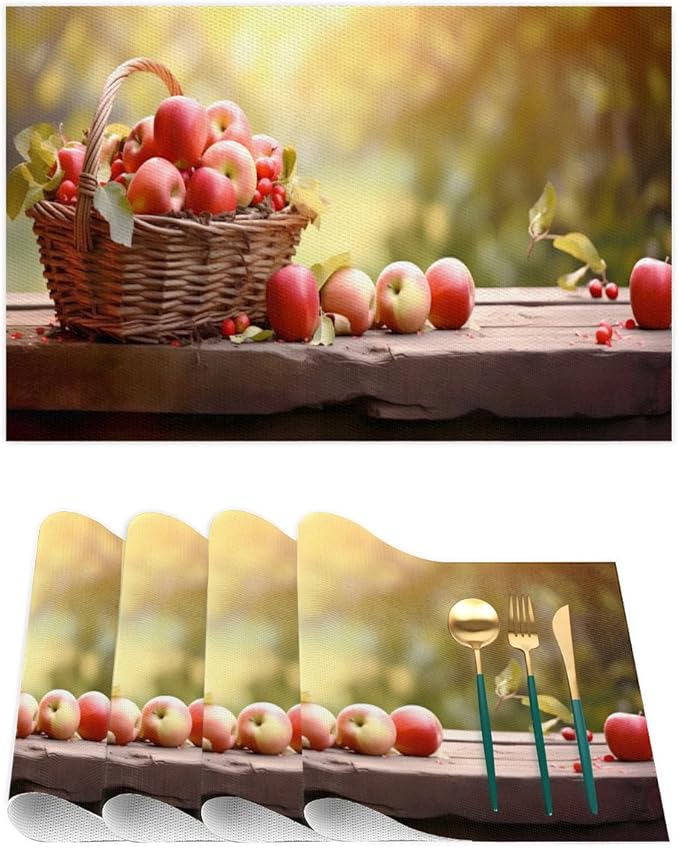 Apple Fall Fruit Basket Placemats Set of 4 PVC Vinyl Non Slip Table Mats Heat Resistant Place Mats Washable Wipeable Dining Table Mat for Kitchen Decor Party Indoor Outdoor Decorative Gift