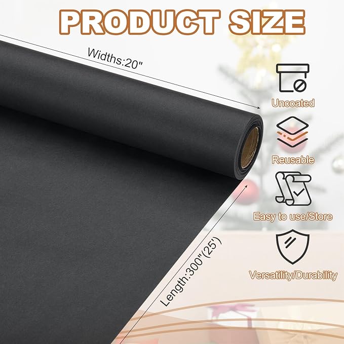 PATIKIL Wrapping Paper, 20" x 300"(25') 70 GSM Craft Paper Roll Kraft Packing Paper for Poster Bulletin Board, Gift Wrapping, Black