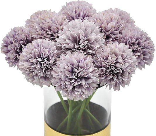 10Pcs Artificial Fake Flower Plants Silk Chrysanthemum Ball Hydrangea Arrangements Wedding Bouquets Decor Home Kitchen Garden Party Table Floral Centerpieces DIY (Grey Purple)