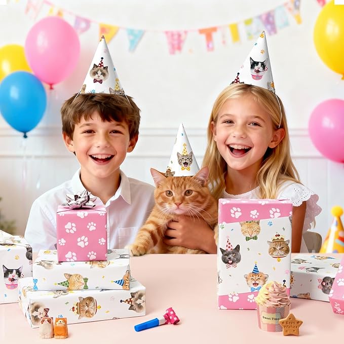 WERNNSAI Cat Wrapping Paper - 1 Roll 17” x 16.4 ft Cute Cat Birthday Wrapping Paper Reversible Kitten Gift Wrap for Birthday Present Packing Decoration with Paw Prints Design