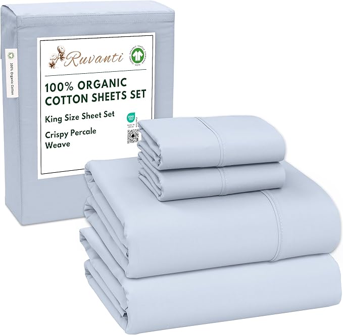 RUVANTI 100% Organic Cotton Sheets King Size, Percale Weave, GOTS Certified, 4-Piece Set, Deep Pocket 15", Crisp & Breathable, Soft Durable Bedding, Sábanas Algodón Orgánico – Arctic Ice
