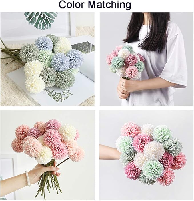10Pcs Artificial Fake Flower Plants Silk Chrysanthemum Ball Hydrangea Arrangements Wedding Bouquets Decor Home Kitchen Garden Party Table Floral Centerpieces DIY (Yellow)