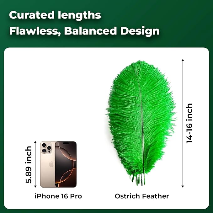 Piokio 10 pcs Natural Green Ostrich Feathers 14-16 inch(35-40 cm) Bulk for Wedding Party Decoration Gatsby Decorations