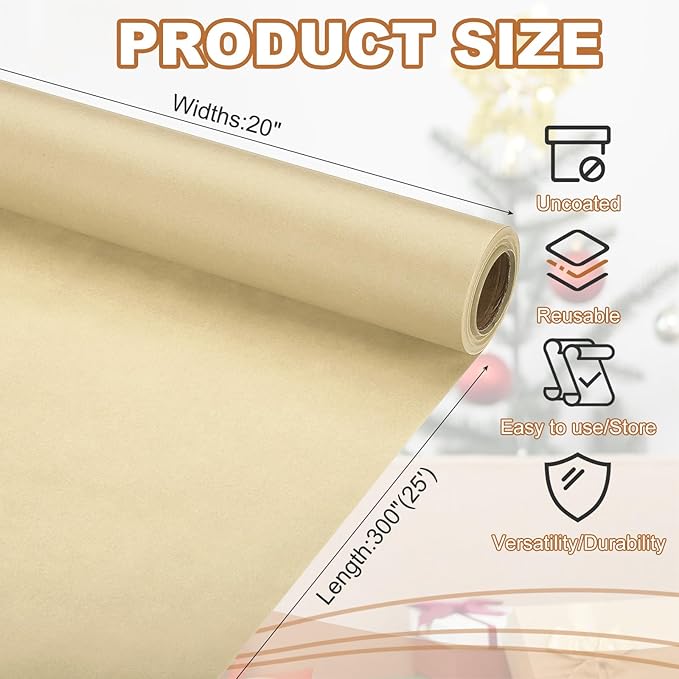 PATIKIL Wrapping Paper, 20" x 300"(25') 70 GSM Craft Paper Roll Kraft Packing Paper for Poster Bulletin Board, Gift Wrapping, Brown