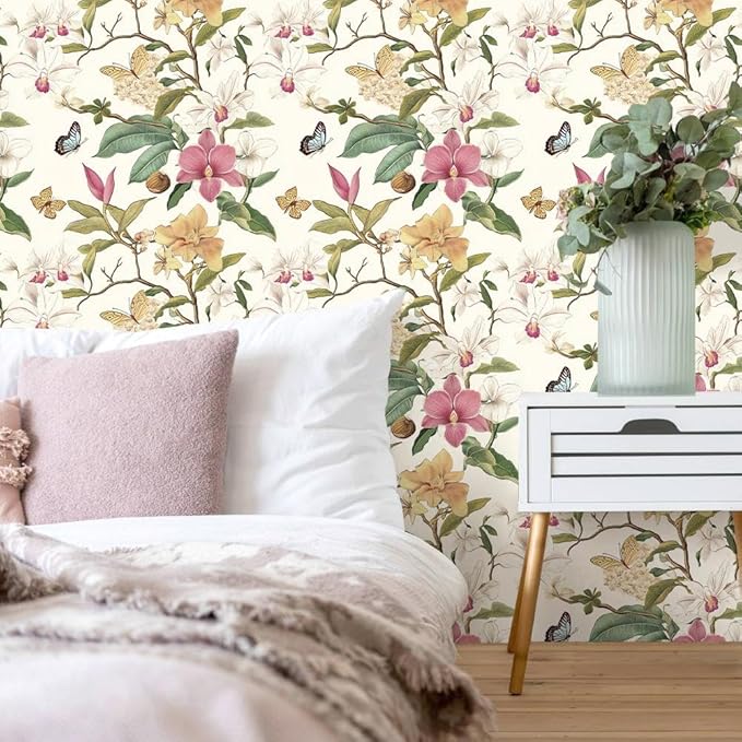 Vintage Floral Peel and Stick Wallpaper Floral Contact Paper 16.9inchx118.1inch Multicolor Flowers Butterfly Wallpaper Leaf Boho Self Adhesive Removable Wall Paper for Bedroom Decorative