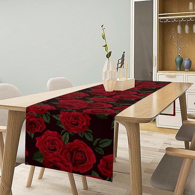 Red Rose Table Runner,Romantic Spring Summer Seasonal Table Runner for Indoor Outdoor Holiday Home Wedding Party 13x70 Inch