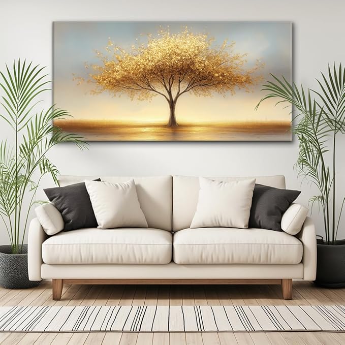 LAVIKARS Modern Tree of Life Wall Art for Living Room Office Golden Sunset Abstract Landscape Canvas Painting Prints Large Nature Artwork Home Kitchen Bedroom Decor (20x40 Inches)