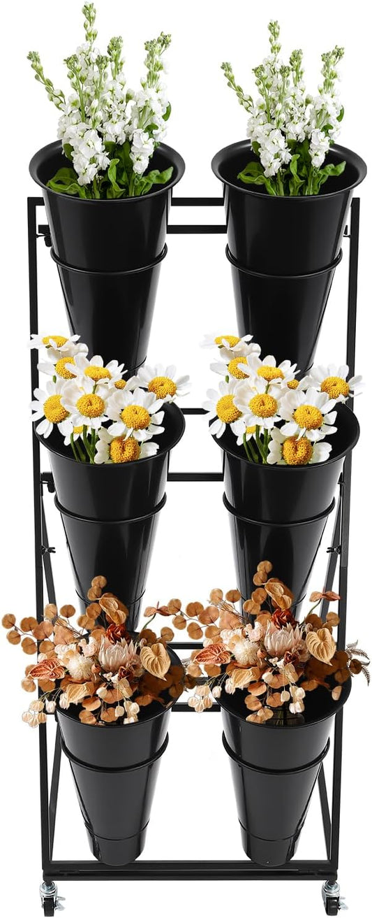 DYRABREST Flower Display Stand with Buckets, Black 3 Layers Metal Plant Stand with 6 Pieces Buckets, Moving Florist Bouquet Shelf for Fresh Flower Shop, for Patio Garden, Outdoor Flower Pop-Up Events
