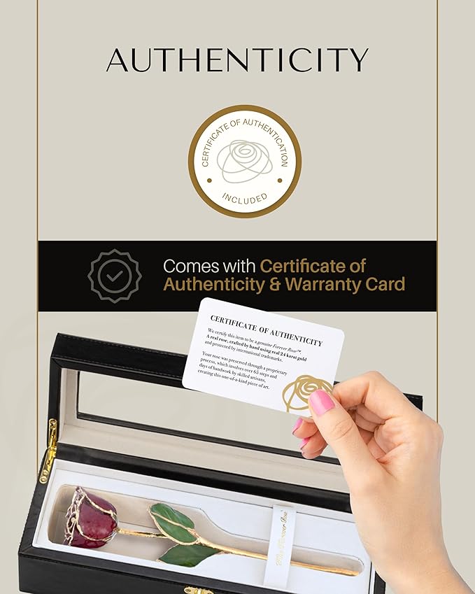 Forever Rose Hand-Dipped in 24K Gold, Garnet-Inspired January Birthstone with Sparkles, Real Rose in Leather Case with LED Light – Perfect Ready to Gift for January Birthday or Any Occasion