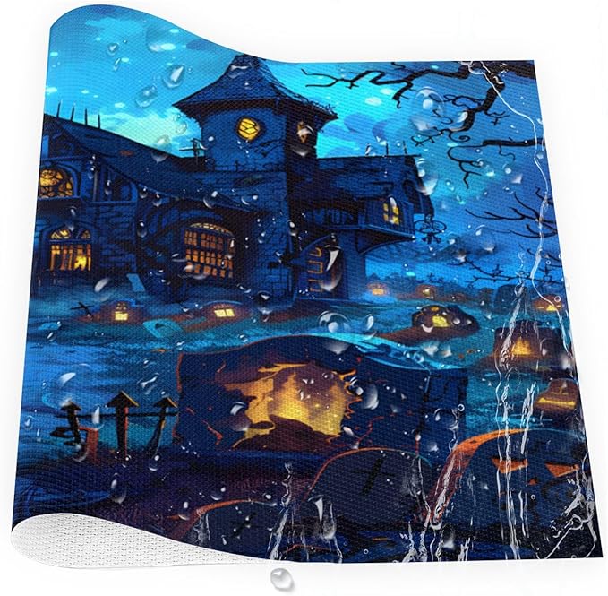 Halloween Castle Scary Blue Placemats Set of 6 PVC Vinyl Non Slip Table Mats Heat Resistant Place Mats Washable Wipeable Dining Table Mat for Kitchen Decor Party Indoor Outdoor Decorative Gift