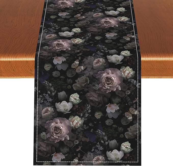 Gothic Floral Table Runner, Vintage Garden Flower Black Witchy Farmhouse Coffee Table Center Decor for Home Kitchen Dining Patio Holiday Party Table Decorations 13x108 inches