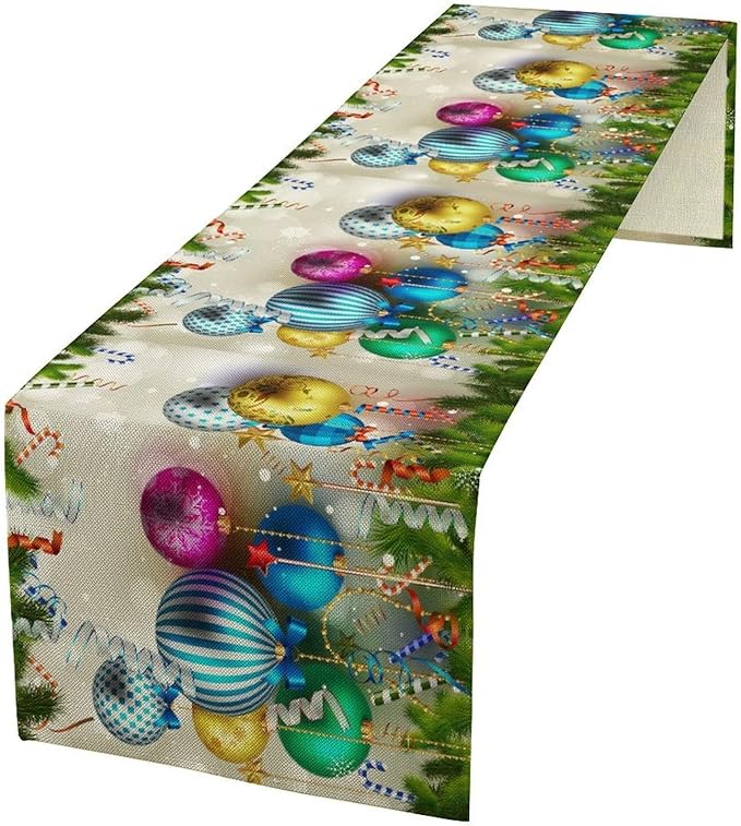 Christmas Table Runner,Colorful Balls Xmas Tree Snowflake Pattern Print Tablecloth Burlap for Hotel Indoors Outdoor Dining Room Kitchen Home Decor,W13X L70 in