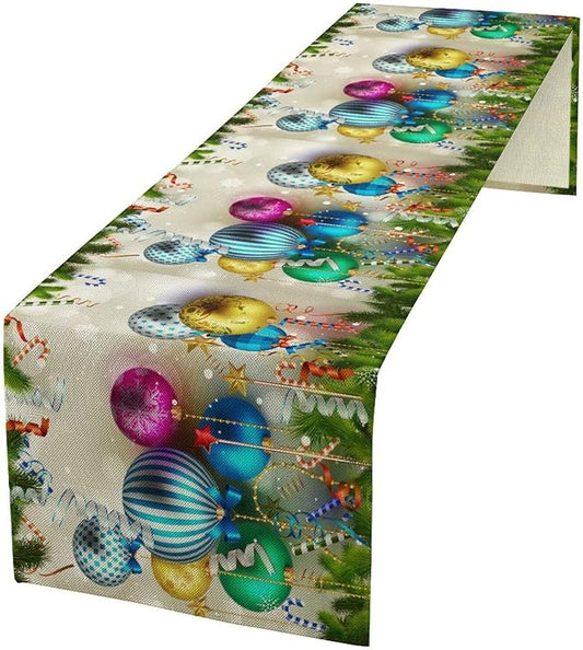 Christmas Table Runner,Colorful Balls Xmas Tree Snowflake Pattern Print Tablecloth Burlap for Hotel Indoors Outdoor Dining Room Kitchen Home Decor,W13X L60 in