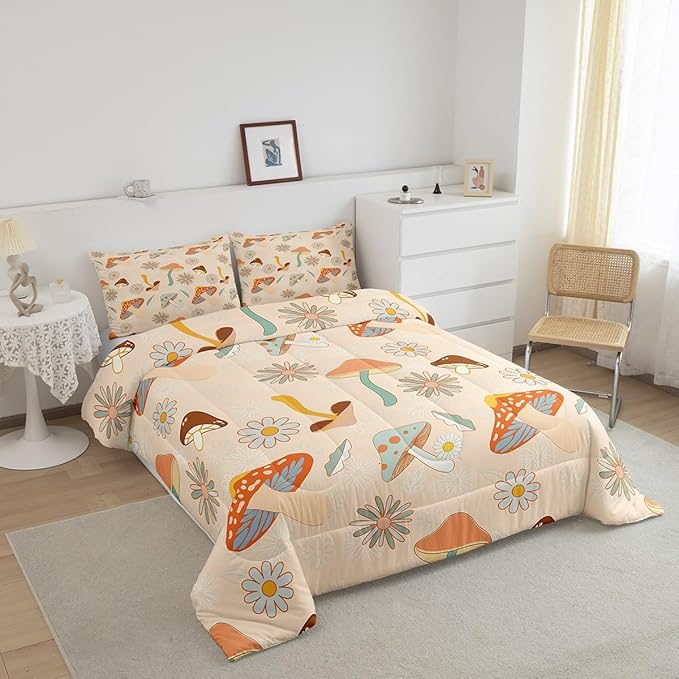 Castle Fairy 60s 70s Retro Mushroom Twin Size Comforter Set,Groovy Flowers Floral Duvet Set with 1 Pillowcase for Kids BoysBoho Art Soft Microfiber Bedding Comforters