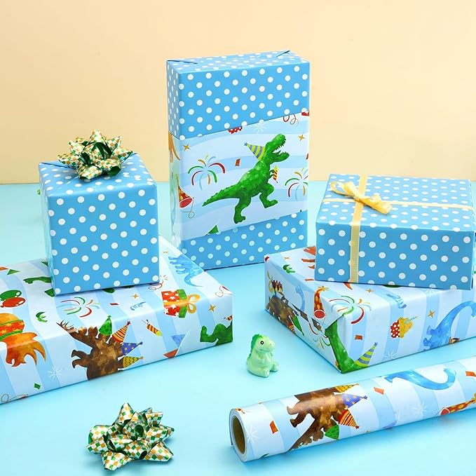 WERNNSAI Dinosaur Birthday Wrapping Paper Roll - 1 Roll 17”x 16.4 ft Blue Dinosaur Wrapping Paper for Boys Birthday Gift Packing Supply Baby Dino Decor Favor