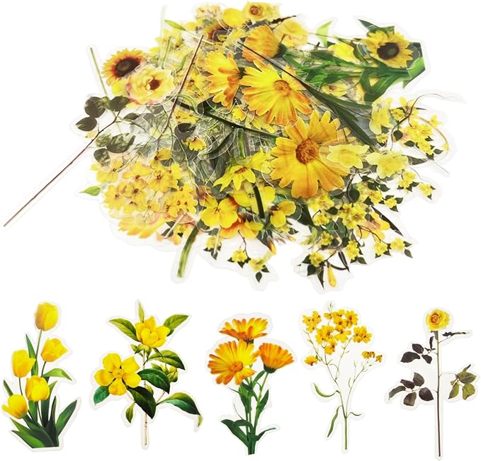 Transparent Flower Stickers for Scrapbooking PET Nature Plant Stickers Floral Stickers Vintage Craft Sticker Colorful Small Flower Sticker for Journaling Scrapbooking Clear Flower Decals(Style F)