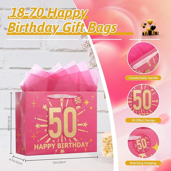 Bloomwords 50th Birthday Gift Bag Set with Card & Tissue – 13" Elegant Keepsake Party Bags for Unisex Anniversaries, Gift Wrapping & Celebrations(Pink)