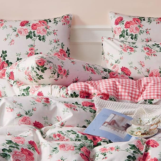 Pink Flower Duvet Cover Set Twin 3 Pieces Girls Floral Duvet Cover 100% Microfiber Blossom Rose Flower Comforter Cover Cottagecore Bedding Set Vintage Botanical Comforter Cover with Zipper Closure