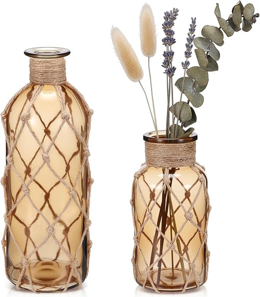 Chuangdi Set of 2 Coastal Glass Vases for Flower Small Flower Vase with Boho Rope Wrapping Beach Decorative Bottle for Coastal Nautical Table Centerpiece Wedding Floral Arrangement Decor(Light Brown)