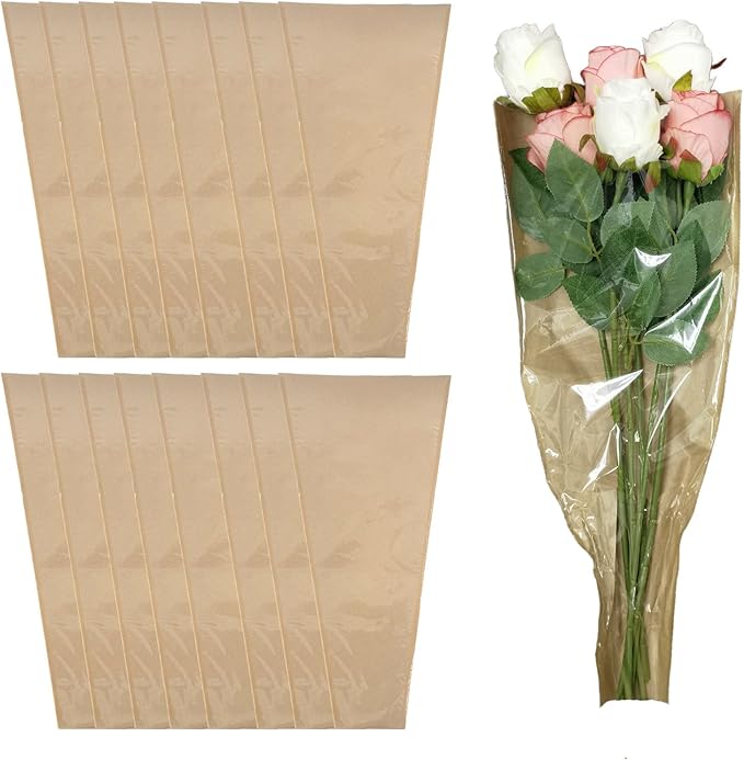 50pcs Waterproof Kraft Flower Bouquet Wrapping Paper Sleeves - Tear-Resistant Clear Window Sleeves for Wedding, Florist, Valentine's Day (18x9.8 Inch, Multi-Stem)