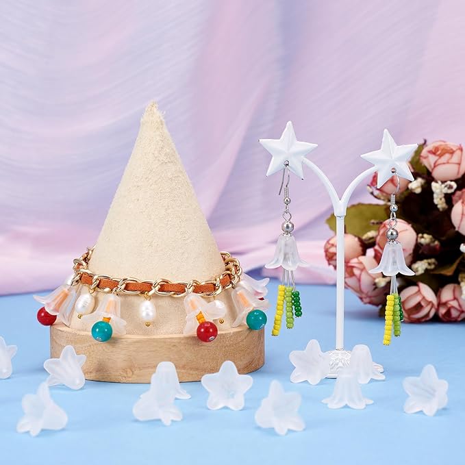 Crafans 50Pcs Acrylic Trumpet Flower Beads Caps Frosted White Flower Charms Bell Floral Pendants Floral Spacer Beads End Caps for Angel Wing Charms Jewelry Making Supplies