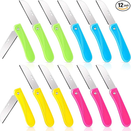 12 Pieces Pruning Knifes Garden Hand Pruner Stainless Steel Foldable Floral Knife with Blue Green Yellow Rose Red Cover, Pruner for the Garden