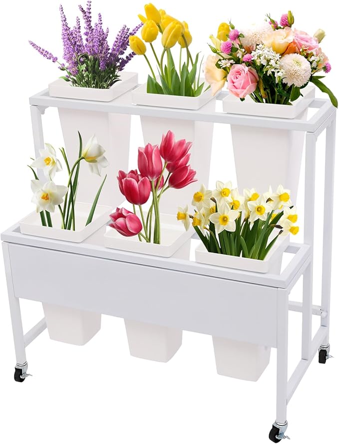 2-Layers Flower Display Stand Metal Flower Display Stand With 6 Pcs Buckets Rolling Plant Stand Flower Cart Moving Florist Bouquet Shelf for Fresh Flower Shop Balcony,Load Capacity 33.07lbs (White)