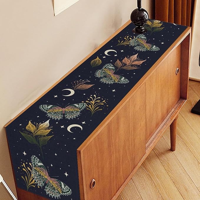 Gothic Moth Table Runner, Boho Gothic Floral Butterfly Sun Moon Mystical Witchy Starlight Coffee Table Center Decor for Home Kitchen Dining Patio Holiday Party Table Decorations 13x108 inches