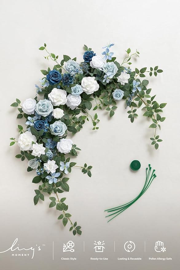Ling's moment Wedding Arch Flowers - 6.5FT Floral Garland for Ceremony Arbor Backdrop Decoration - Artificial Rose Floral Swag for Sweetheart Table Birthday Party, Baby Shower, Dusty Blue Navy