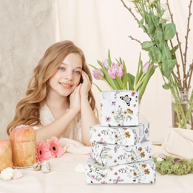 JarThenaAMCS Wildflower Wrapping Paper -Mini Roll- 17 Inch x 32.8Ft Watercolor Floral Butterfly Gift Wrap Paper Spring Art Paper for Wedding Bridal Baby Shower DIY Craft