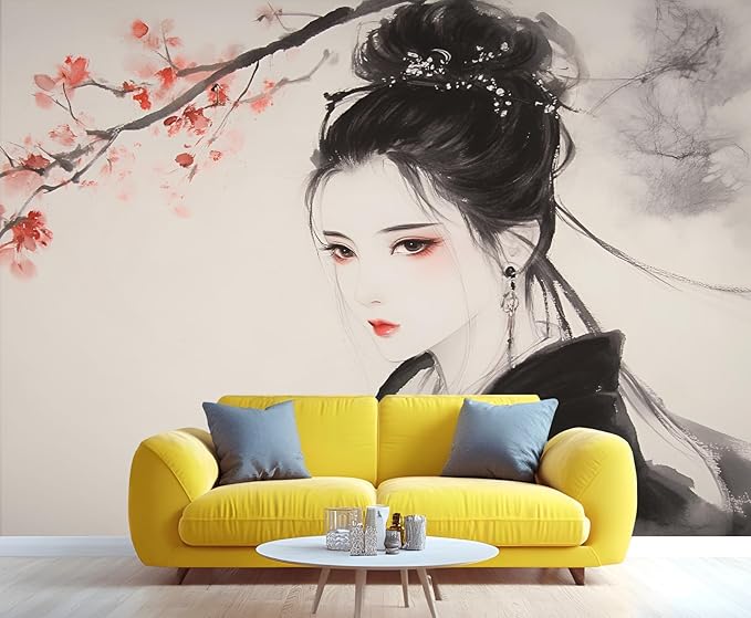Asian Woman Wall Mural, Oriental Japanese Woman 3D Wall Murals, Ink Style Art Wallpaper Mural, for Living Room Bedroom Large Wallpaper Indoor Decor 177.16" W x120 H