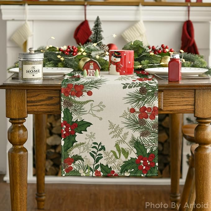 Artoid Mode Holly Pine Cone Christmas Table Runner, Seasonal Winter Kitchen Dining Table Decoration for Home Party Decor 13x48 Inch
