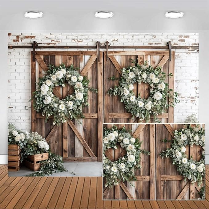 Rustic Barn Door Photography Backdrops, White Flower Wood Brown Barn Door Backdrop, Wedding Birthday Party Decors Photo Booth Props 15x10ft
