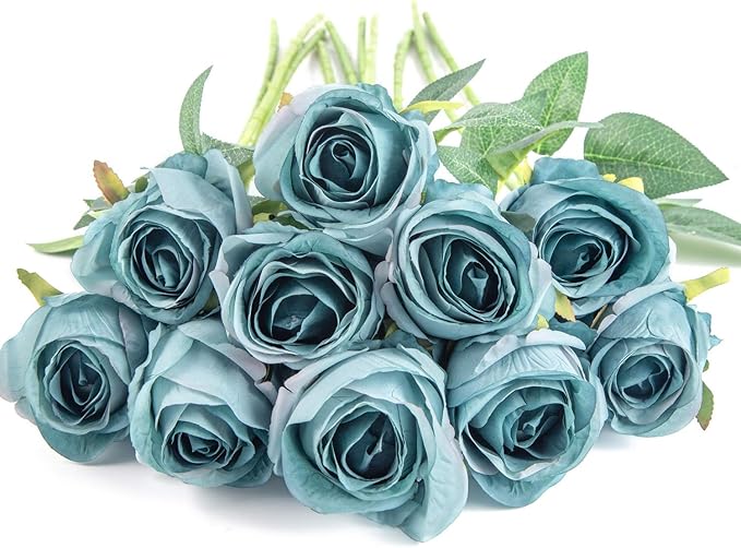 Flojery 10pcs Artificial Rose Flowers Long Stem Fake Silk Roses for DIY Wedding Bouquet Table Centerpiece Home Decor (Blue)