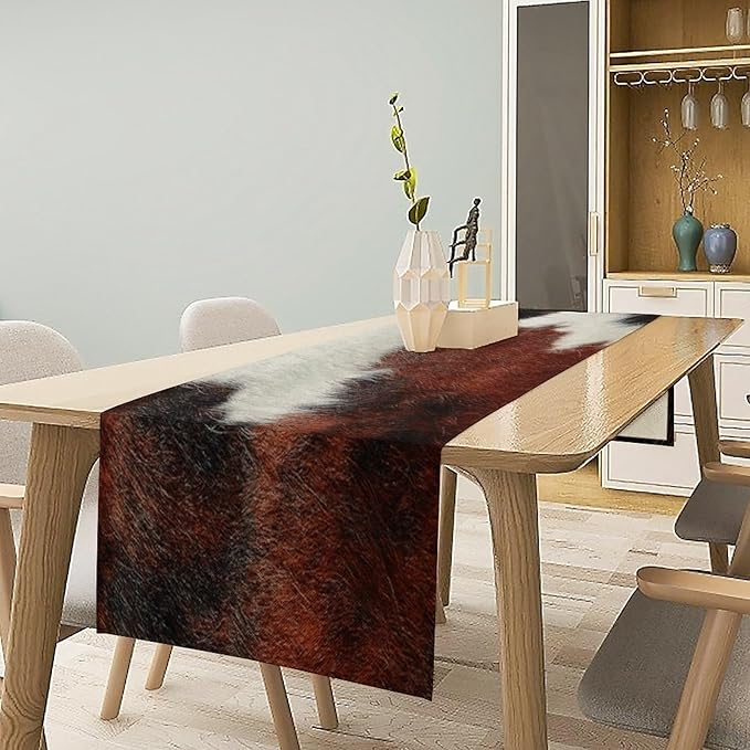 Cow Skin Print Table Runner, Rustic Country Farmhouse Animal Fur Skin Western Farm Black Brown Cowhide Print Dinner Runner Table Decoration for Home Kitchen Dining 13x90in