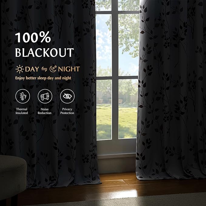 Beauoop Floral 100% Blackout Curtains 84 Inches Long 2 Panels for Bedroom Living Room Tan Brown and White Flower Patterned Room Darkening Thermal Soundproof Rod Pocket Back Tab Window Drapes, 52X84