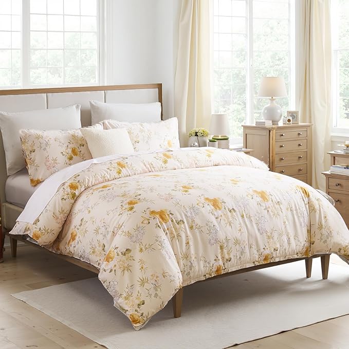 100% Cotton Duvet Cover Queen Size – Elegent Yellow Floral Duvet Cover Set with Zipper Closure & Corner Ties, 3-Piece Luxury & Silky Soft Bedding Set for All Seasons