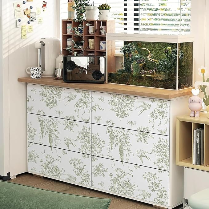 Floral Birds Wallpaper Peel and Stick Green and White Contact Paper 16.9”x 196.8” Vintage Floral Self Adhesive Removable Wallpaper Green Flower Contact Paper for Bathroom Kitchen Decor