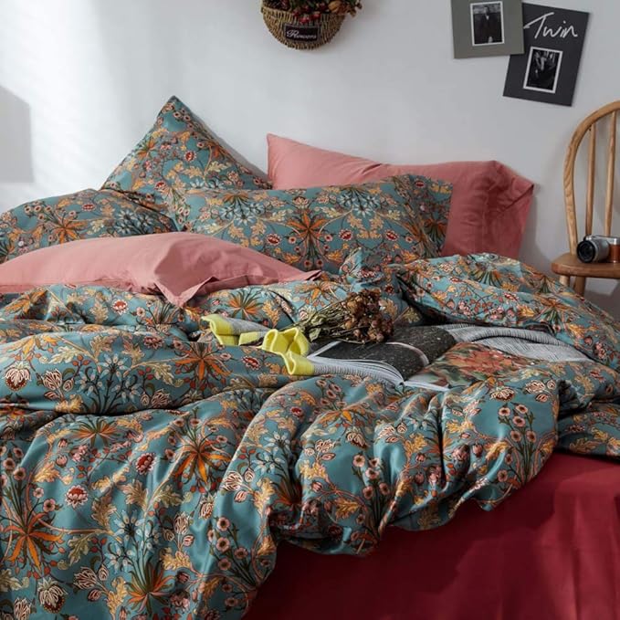 VM VOUGEMARKET Green Gold Duvet Cover Queen,Medallion Paisley Print Bedding Set 400 Thread Count Percale Cotton Vibrant Bohemian Pattern Quit Cover with Zipper Closure