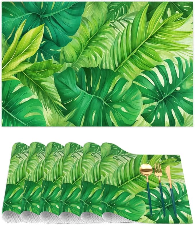 Green Summer Palm Leaf Placemats Set of 6 PVC Vinyl Non Slip Table Mats Waterproof Heat Resistant Place Mats Washable Wipeable Dining Table Mat for Kitchen Party Indoor Outdoor Decorative