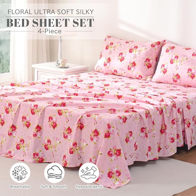 Bedlifes Full Sheet Set Ultra Soft, Breathable, Silky Flower Deep Pocket 100% Microfiber Bedding, 4 Piece Full Size Pink Floral(Red Rose)
